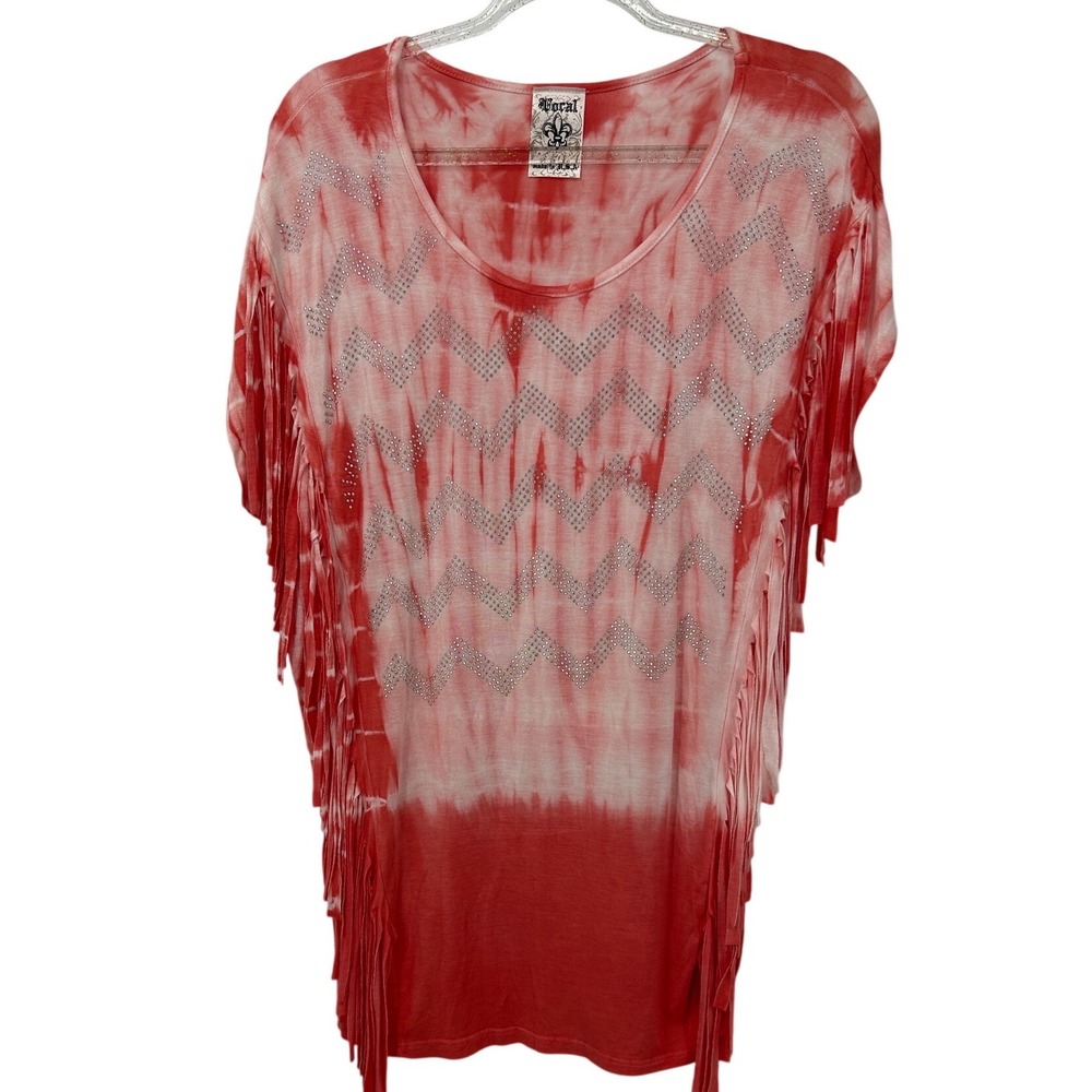 Vocal Fringe Top Y2K Festival Western Rhinestone Tie Dye Red Boho USA Made